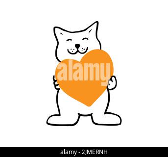 Chat mignon tenant un coeur orange, chat sympa drôle isolé sur fond blanc. Banque D'Images