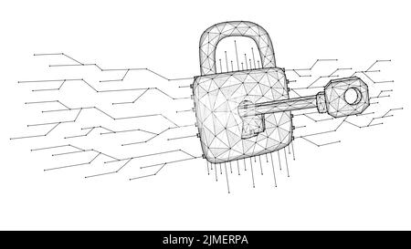 Cyber Attack low poly Art. Illustration vectorielle polygonale d'une clé permettant de déverrouiller un verrou. Banque D'Images