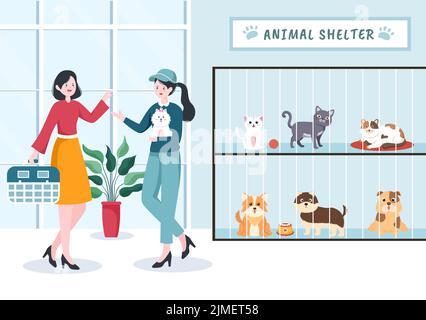 Illustration du dessin animé d'un abri pour animaux avec des animaux assis dans des cages et des volontaires nourrissant des animaux pour adopter le dessin de style main plate Illustration de Vecteur