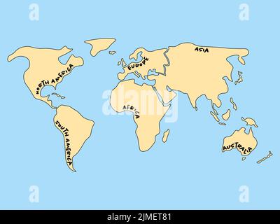 Carte du monde à vecteur Simlified divisée en six continents. Terres jaunes et eau bleue Illustration de Vecteur