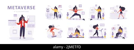 Concept métaverse. Femmes dans les micro-casques VR travaillant, faisant du sport et de la peinture. Simulateur de jeu vidéo. Divertissement technologique moderne. Ensemble de vecteurs Illustration de Vecteur