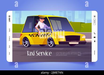 Page d'accueil de la bande dessinée du service de taxi, conducteur assis dans la voiture avec fenêtre ouverte attendant le passager sur la rue de la ville. Compagnie de transport professionnelle avec Cabbie expérimenté en jaune auto Vector bannière Web Illustration de Vecteur