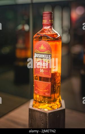 Rare, âgé de 16 ans Bushmills chuchotement sur l'exposition éclairée dans la distillerie boutique Banque D'Images