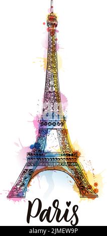 Affiche de voyage à Paris, carte de vœux, imprimé avec des lettres calligraphiques dessinées à la main. Illustration vectorielle de la Tour Eiffel sur aquarelle colorée Illustration de Vecteur