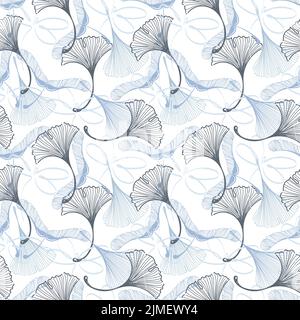Un motif sans couture de feuilles de ginkgo, d'érable et de libellule dans un style d'esquisse. Silhouettes de feuilles et d'insectes sur fond blanc. Palette pastel. Lea Illustration de Vecteur