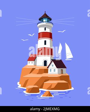 Phare sur l'île de roche en mer. Paysage de mer avec tour de balise. Concept marin. Illustration de dessin animé à plan vectoriel Illustration de Vecteur