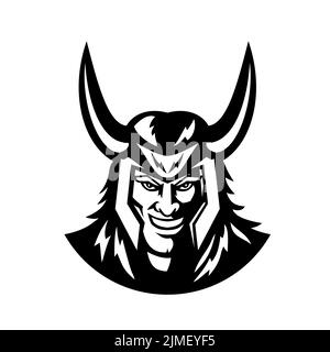 Tête de Loki le grand Dieu trickster dans la mythologie Norse Mascot Noir et blanc Retro Banque D'Images