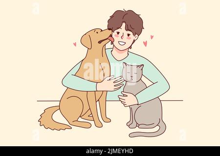 Homme heureux avec chat et chien montrant l'amour et le soin. Un homme souriant avec des animaux de compagnie appréciez la compagnie d'animaux domestiques. Illustration vectorielle. Illustration de Vecteur