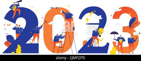 Le personnel du bureau se prépare à rencontrer la nouvelle année 2023. Illustration vectorielle. Les personnages de dessin animé réparent les numéros. L'image est isolée sur fond blanc Illustration de Vecteur