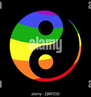 Rainbow colored yin yang symbol, depicting inner peace and in society - vector illustration isolated on black Illustration de Vecteur