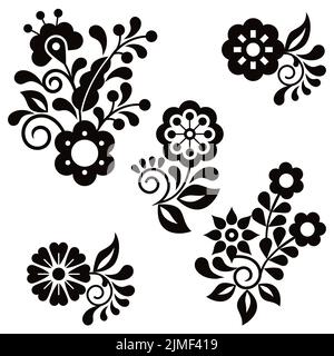 Éléments de décoration florale vectoriels de style art folklorique mexicain, collection rétro inspirée de la broderie traditionnelle en noir et blanc Illustration de Vecteur