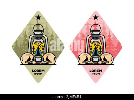 Illustration d'une lanterne extérieure avec tente de camping triangulaire et deux têtes de mort Illustration de Vecteur
