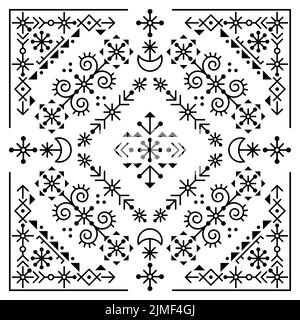 Carte de voeux ou motif d'invitation style art folklorique de style tribal ligne d'art avec des lunes et des formes géométriques dans le carré Illustration de Vecteur