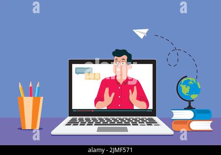 A vector illustration of a laptop with video of virtual online teacher on a screen Illustration de Vecteur