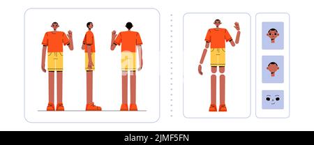 Jeu d'animation de personnages avec homme debout devant, côté et vue arrière, parties du corps, tête et visage isolés sur fond blanc. Illustration vectorielle plate du constructeur Guy Illustration de Vecteur