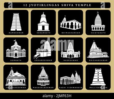 12 icône vecteur de Lord Shiva temples. 12 temple jyotirlincas. Illustration de l'icône Shiva temples. Mandir. shiv noir et blanc. Illustration de Vecteur