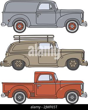 Le dessin à la main vectorisé de trois véhicules de livraison rétro Illustration de Vecteur