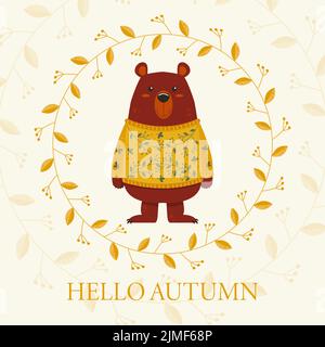 Adorable ours en peluche jaune avec une carte d'automne à motif ornement Hello Autumn Illustration de Vecteur