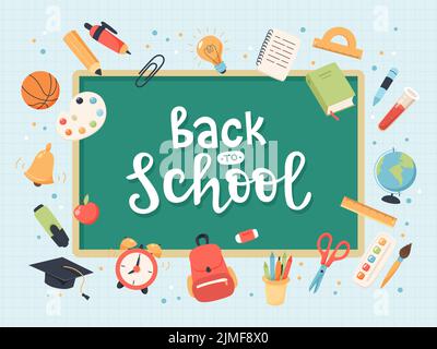 Retour à l'école collection de fournitures avec calligraphie manuscrite avec tableau noir. Jolie illustration vectorielle colorée Illustration de Vecteur