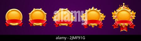 Cadres d'avatar Golden Game avec rubans rouges. Badges de prix, icônes de niveau ui. Bannières dorées vides, éléments graphiques bonus isolés, récompense, réalisation de trophées et prix, illustration vectorielle de dessin animé, ensemble Illustration de Vecteur