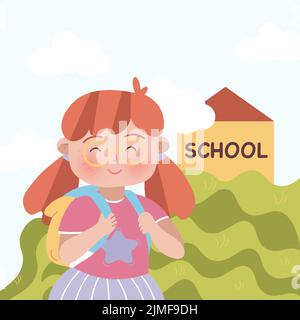 une fille avec des cheveux rouges se tient contre le fond de l'école l'illustration plate Illustration de Vecteur