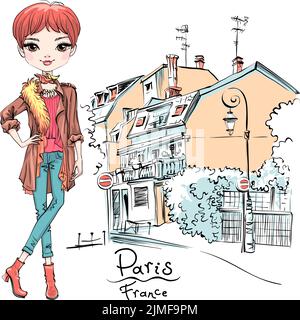 Vector mignon fille en vêtements d'automne, foulard et bottes, veste et jeans à Paris, France. Illustration de Vecteur