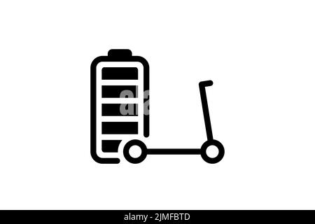 Icône linéaire noire de l'indicateur d'énergie de la batterie complètement chargée du scooter électrique. Symbole du chargeur de l'accumulateur de transport électrique. E-scooter à charge électrique. Panneau de recharge transport écologique Illustration de Vecteur