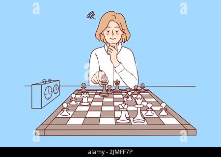 Fille intelligente jouant aux échecs. Une jeune femme intelligente s'assoit à son bureau pour profiter d'un jeu de société logique. Connaissance et passe-temps. Illustration vectorielle. Illustration de Vecteur