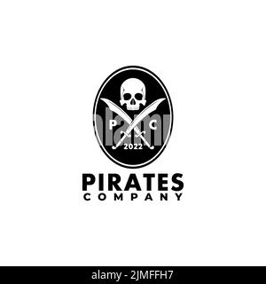 Logo Pirate Emblem avec crâne et épée croisée inspiration Design Illustration de Vecteur