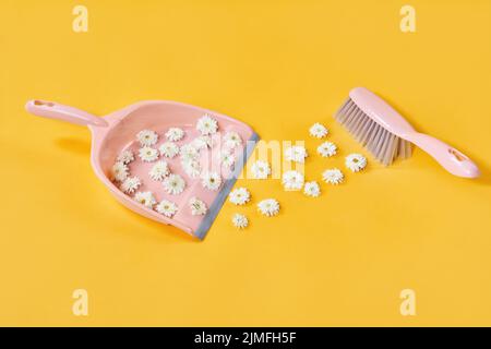 Fleurs blanches en brosse et pelle à poussière sur fond jaune studio Banque D'Images