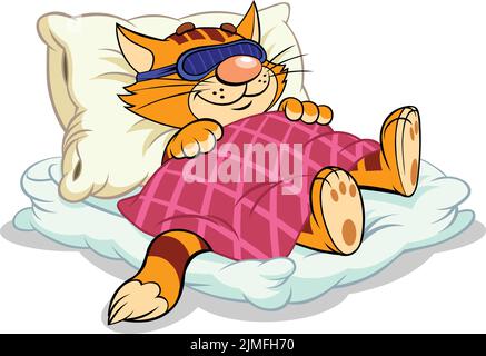 Illustration vectorielle d'une bande dessinée rouge chat dormant sous la couverture Illustration de Vecteur