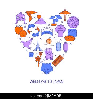 Bienvenue sur l'affiche japonaise en ligne. Symboles de la culture japonaise en forme de coeur. Illustration vectorielle. Illustration de Vecteur