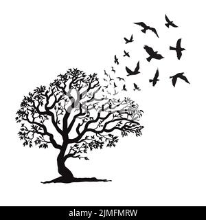 Gros plan d'un arbre et volant au-dessus d'un oiseau noir, dessiné par une ligne noire Illustration de Vecteur