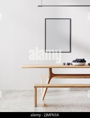 Cadre maquette dans une pièce moderne intérieur minimaliste avec blanc tout avec lumière du soleil et ombre, table en bois avec bancs, salle à manger ro Banque D'Images