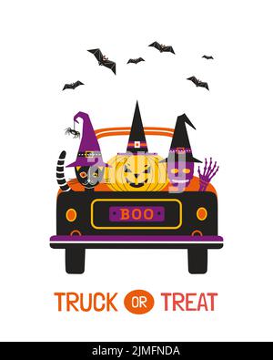Camion ou cadeau Halloween Scraoky Scrace Cute Vector. Personnages mignons citrouille, crâne, chat noir dans chapeau de sorcière. Symbole Halloween effrayant au ramassage Illustration de Vecteur
