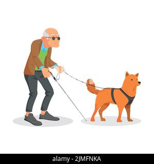 Personnage de vieil homme aveugle et guide de chien. Illustration de Vecteur