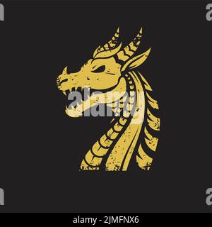 Un logo créatif avec tête de dragon dorée sur fond noir. Symbole horoscope chinois. Illustration vectorielle Illustration de Vecteur