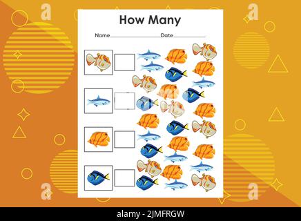 Combien de tâches de poisson? Feuille de travail pour les jeux éducatifs pour enfants Illustration de Vecteur