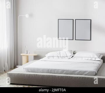 Maquette de cadre vide dans l'arrière-plan intérieur moderne de la chambre, style scandinave, rendu 3D Banque D'Images