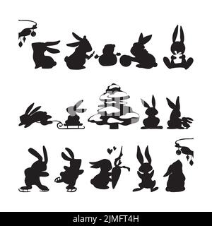 Ensemble de silhouettes noir et blanc de lapins Illustration de Vecteur