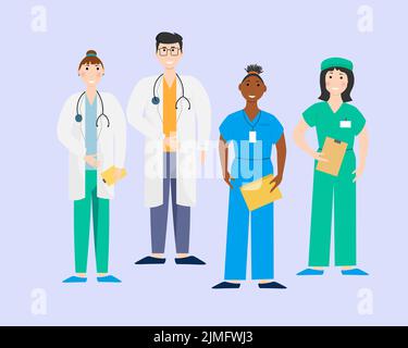 Un groupe de différents médecins et infirmières internationaux dans un hôpital. Illustration vectorielle sur un thème médical. Illustration de Vecteur