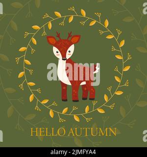 Joli cerf avec cornes avec ornement d'automne sur le corps carte postale Hello automne Illustration de Vecteur