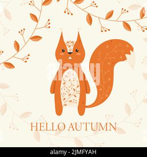 Adorable écureuil rouge avec une décoration sur la carte de vœux de ventre et de queue Hello Autumn Illustration de Vecteur
