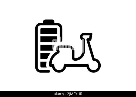 Indicateur d'énergie de la batterie complètement chargée du scooter électrique icône linéaire noire. Symbole du chargeur de l'accumulateur du cyclomoteur pour le transport électrique. Moto à charge électrique. Panneau de recharge transport écologique Illustration de Vecteur