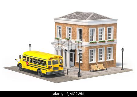 Bâtiment scolaire avec bus scolaire jaune isolé sur blanc. 3d illustration Banque D'Images