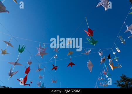 Firmat, Argentine. 05th août 2022. Un millier de grues Origami ont été suspendues lors de l'événement « Une journée pour la paix » marquant le 77th anniversaire du bombardement atomique d'Hiroshima par les États-Unis. (Photo par Patricio Murphy/SOPA Images/Sipa USA) crédit: SIPA USA/Alay Live News Banque D'Images