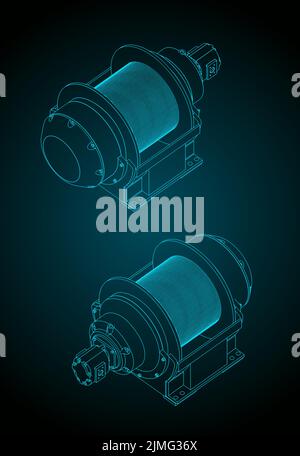 Illustrations vectorielles stylisées de modèles isométriques de gros treuil hydraulique Illustration de Vecteur