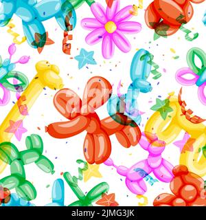 Ballons d'air à motif coloré sans coutures. Dessin animé vectoriel plat illustration des animaux sculpture jouets faits à partir de ballons d'air. Imprimé textile mode pour enfants, Illustration de Vecteur