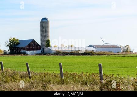 Ancienne grange métallique et silo dans une ferme à l'extrémité d'un champ herbacé par un beau jour d'automne. Une éolienne est visible en arrière-plan. Banque D'Images