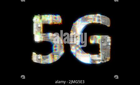 Glitch et aberration chromatique texte cybernétique 5G sur noir, isolé - objet 3D rendu Banque D'Images